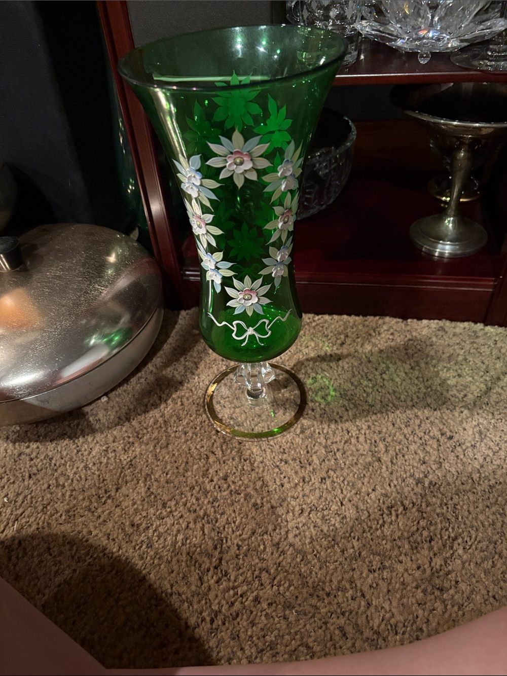Green Floral Etched Glass Pedestal Vase - Elegant Home Accent